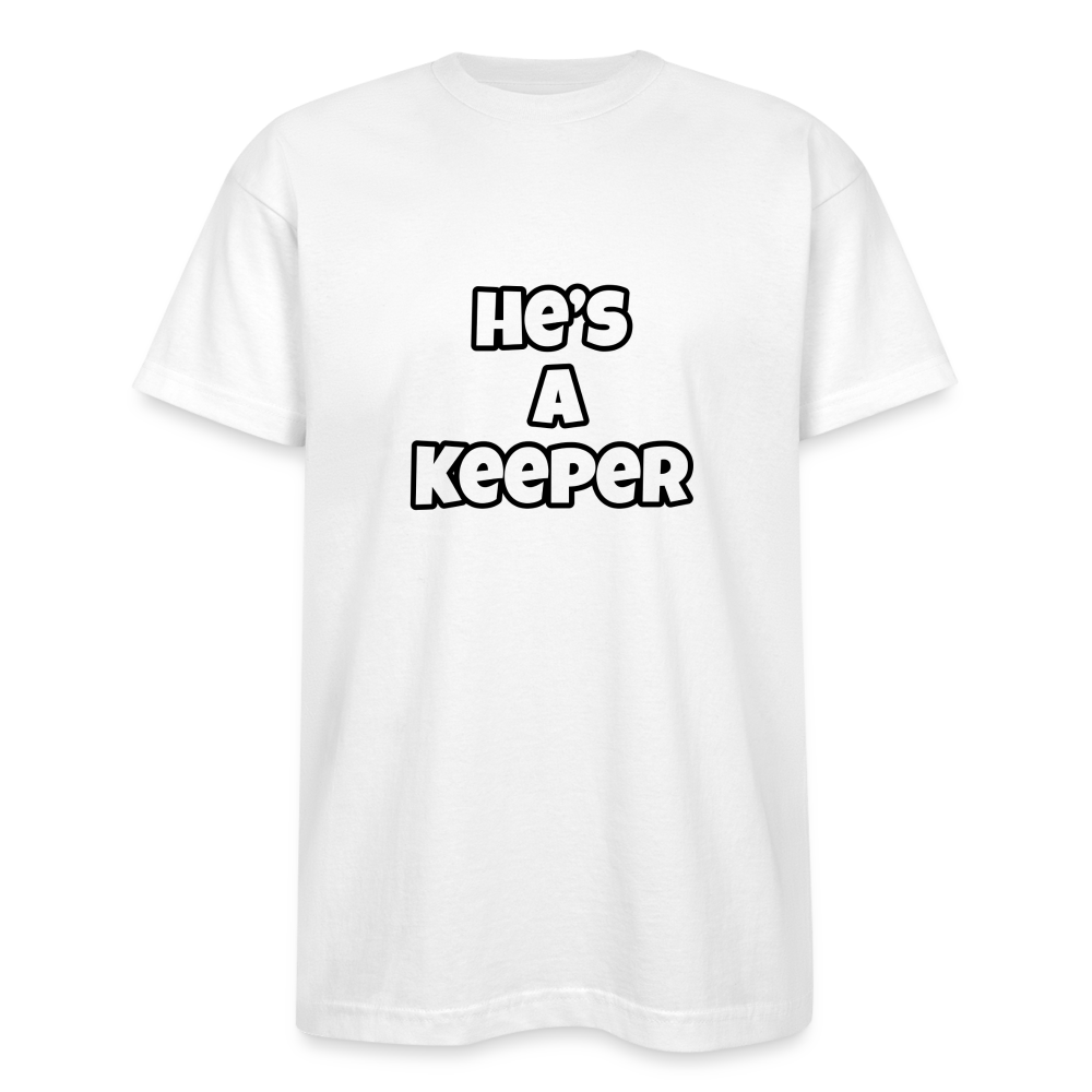 He's A Keeper Bayside Unisex Heavyweight USA Made T-Shirt - white